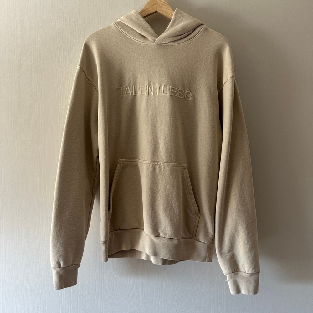 Talentless Heavyweight Hoodie Cream Beige Sz M Embroidered Logo Cotton Pullover